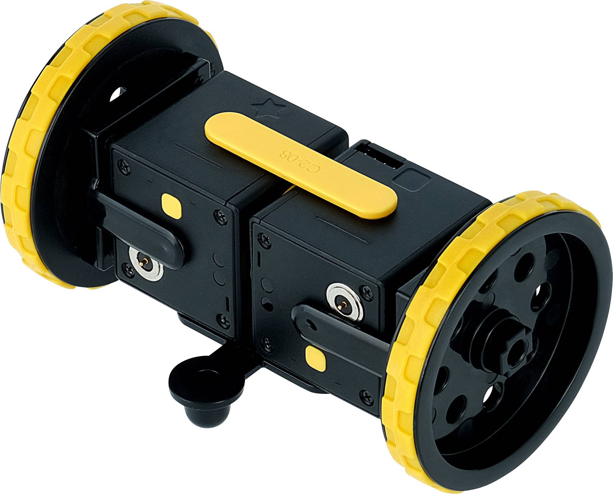 Czarno-żółta platforma robotyczna z dwoma dużymi kołami. Na górze posiada gniazdo dla modułów rozszerzeń.