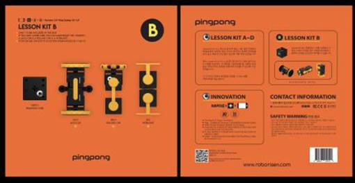 Przednia strona przedstawia elementy zestawu montażowego dla zestawu edukacyjnego B, z diagramami i tekstem. Tylna strona zawiera instrukcje oraz informacje kontaktowe.
