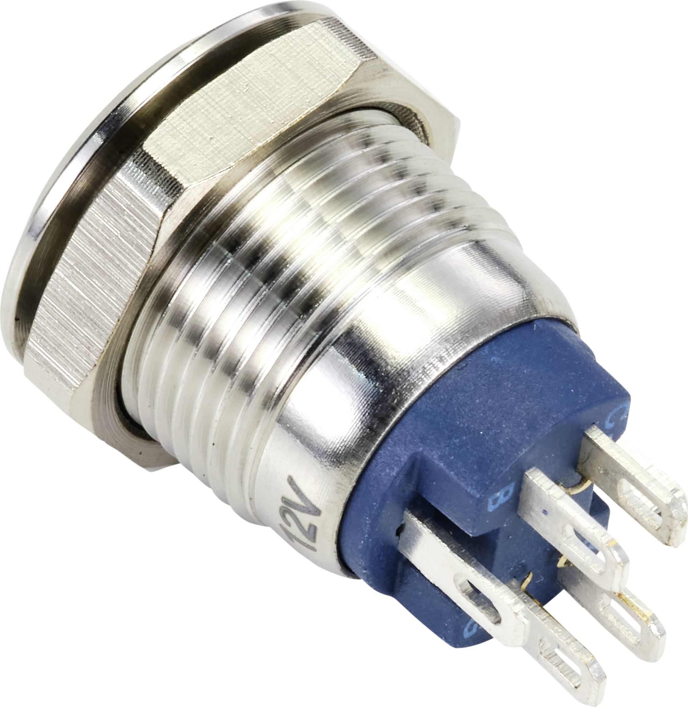 Srebrny przycisk włączający z niebieską obudową z tworzywa sztucznego, wyposażony w kilka styków przyłączeniowych, przeznaczony do systemów 12V.