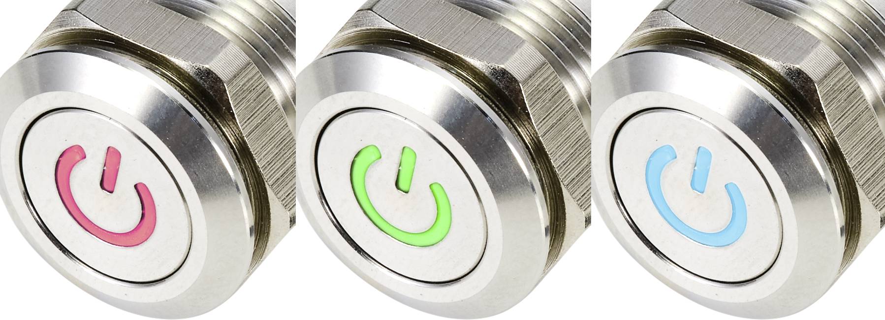 Trzy okrągłe metalowe przyciski z świecącymi symbolami włączania/wyłączania w kolorach czerwonym, zielonym i niebieskim zamontowane obok siebie.