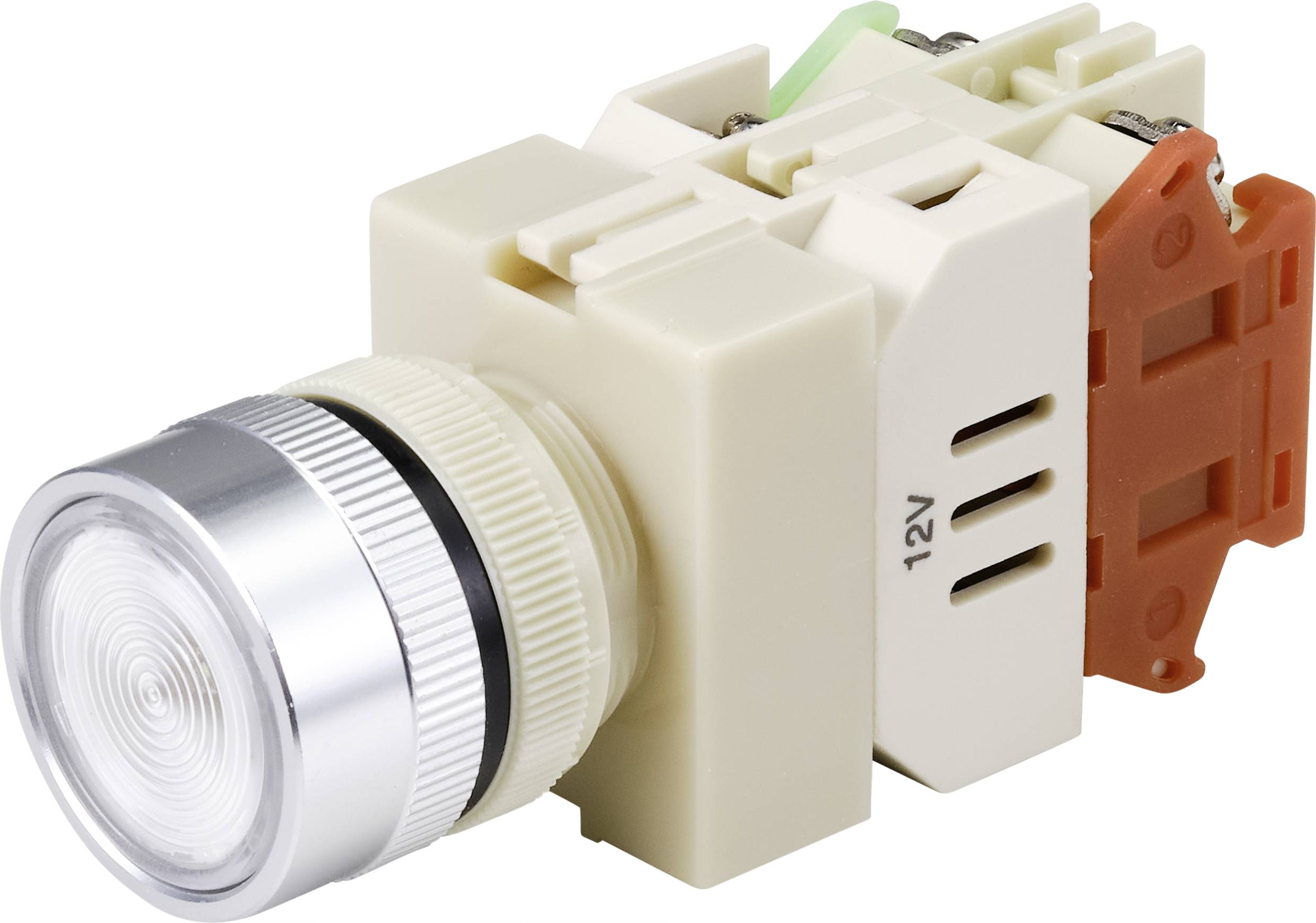 Okrągły przycisk wciskany z srebrną obwódką i podświetlaną powierzchnią, zamontowany na beżowo-pomarańczowym tle, oznaczony napisem '12V'.