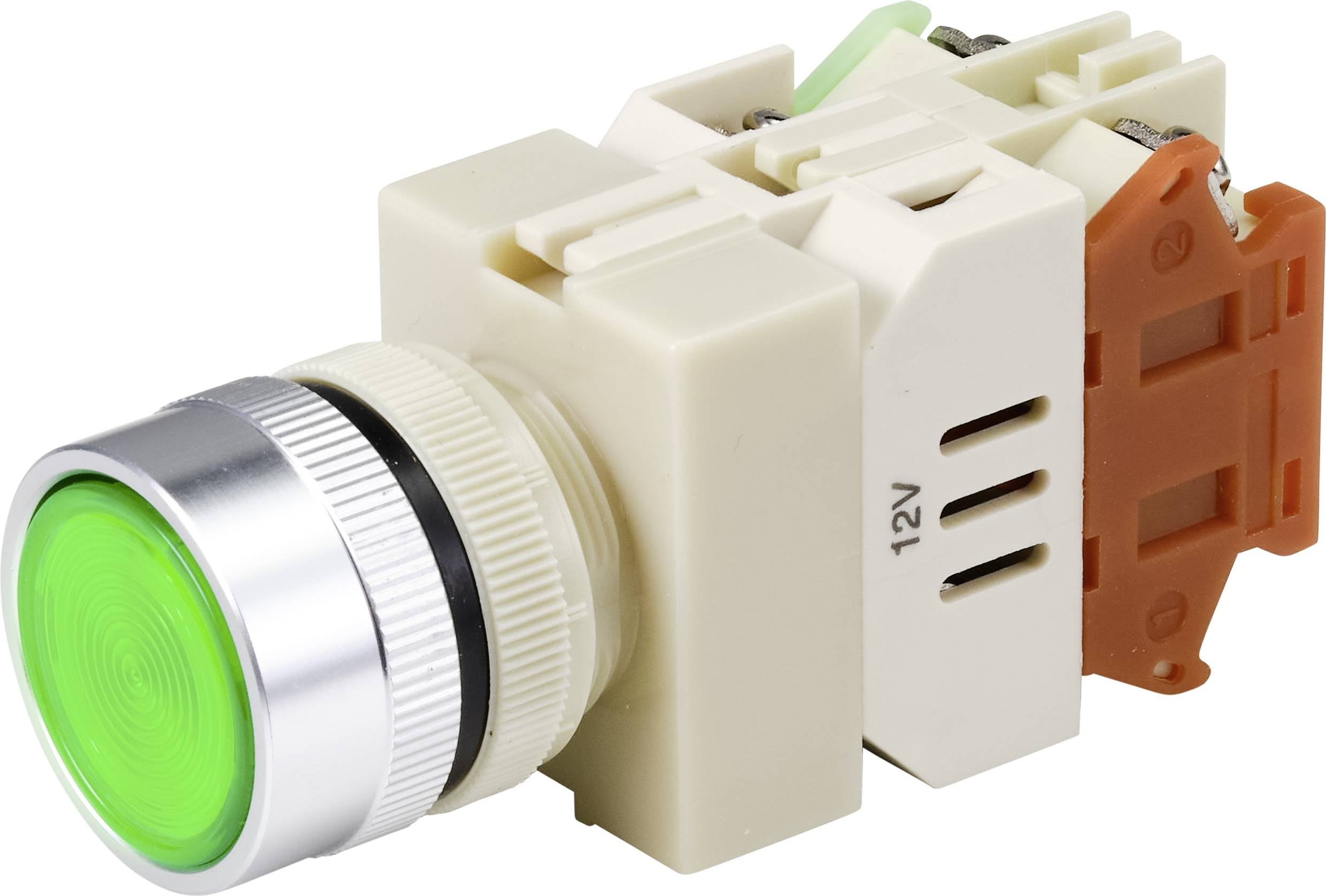 Białe przełączniki z zielonym podświetleniem przycisku, widoczny napis 12V. Element elektroniczny, prawdopodobnie odpowiedni do paneli sterujących.