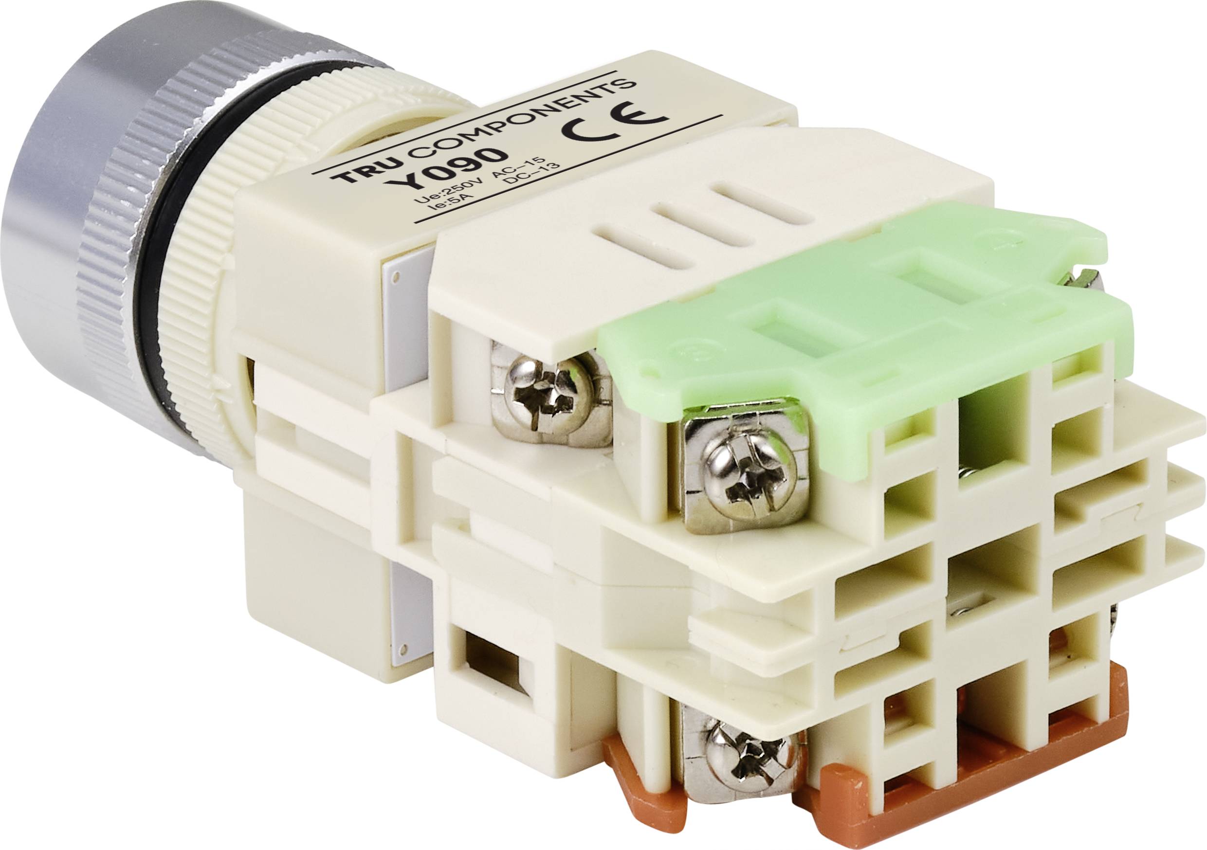 Biały elektryczny przełącznik z zielonym dźwignią i metalowym guzkiem. Napis u góry: 'TPU Components'.