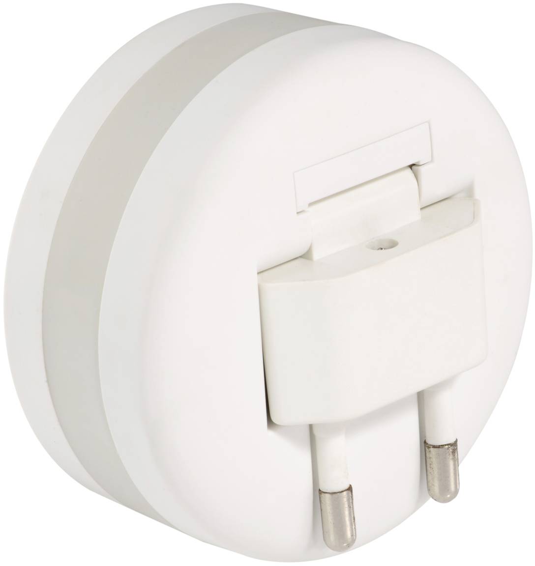 Okrągły, biały adapter podróżny z dwoma wtyczkami; odpowiedni do różnych typów gniazd elektrycznych. Idealny do podróży międzynarodowych.