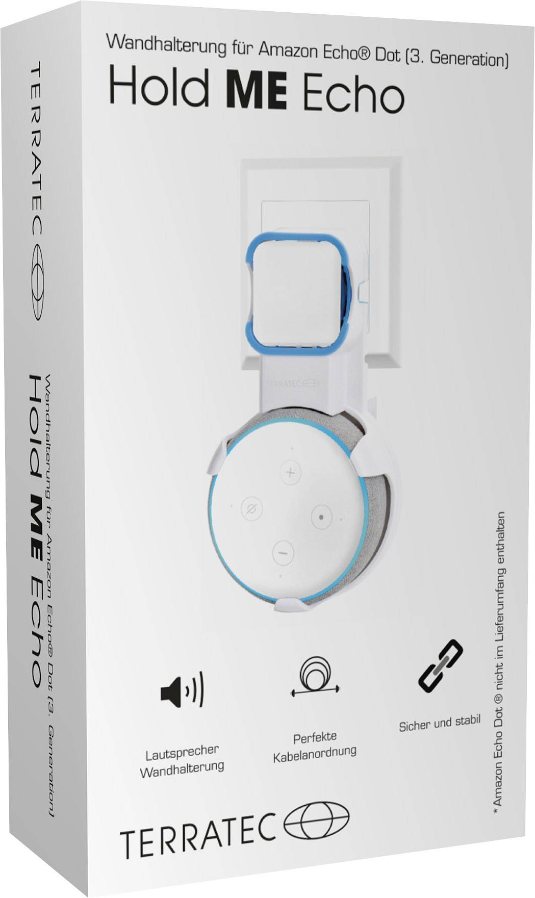 Opakowanie uchwytu ściennego do Amazon Echo Dot (3. generacja) firmy Terratec. Prezentuje urządzenie w sposób podkreślający jego zalety, z idealnymułożeniem przewodów.