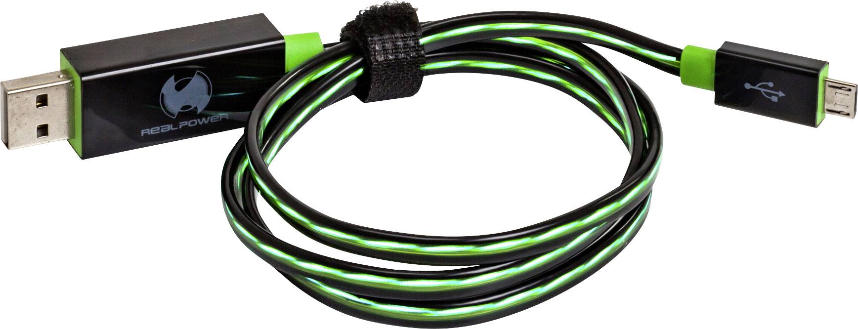 RealPower USB Cable USB 2.0 USB-A Male Connector, USB Micro-B Male Connector 0.75 m Green with LED 187656