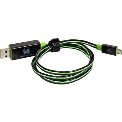 Czarny kabel USB z zielonymi elementami, zwinięty. Po lewej stronie standardowy wtyk USB, po prawej wtyk micro-USB.