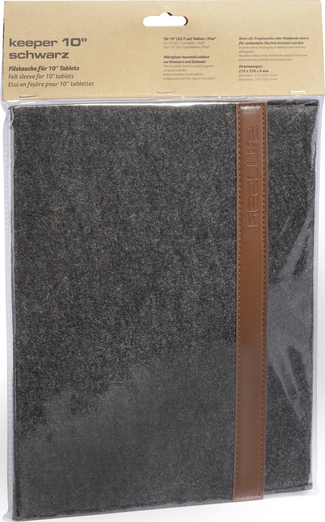Etui z filcu na tablety 10-calowe z brązowymi akcentami skórzanymi, pakowane w przezroczystą plastikową torbę, marka 'keeper'.