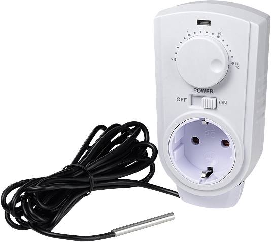 Białe urządzenie termostatyczne z wtyczką, wyposażone w regulator temperatury, przewód zasilający i czujnik. Służy do elektronicznej kontroli temperatury.