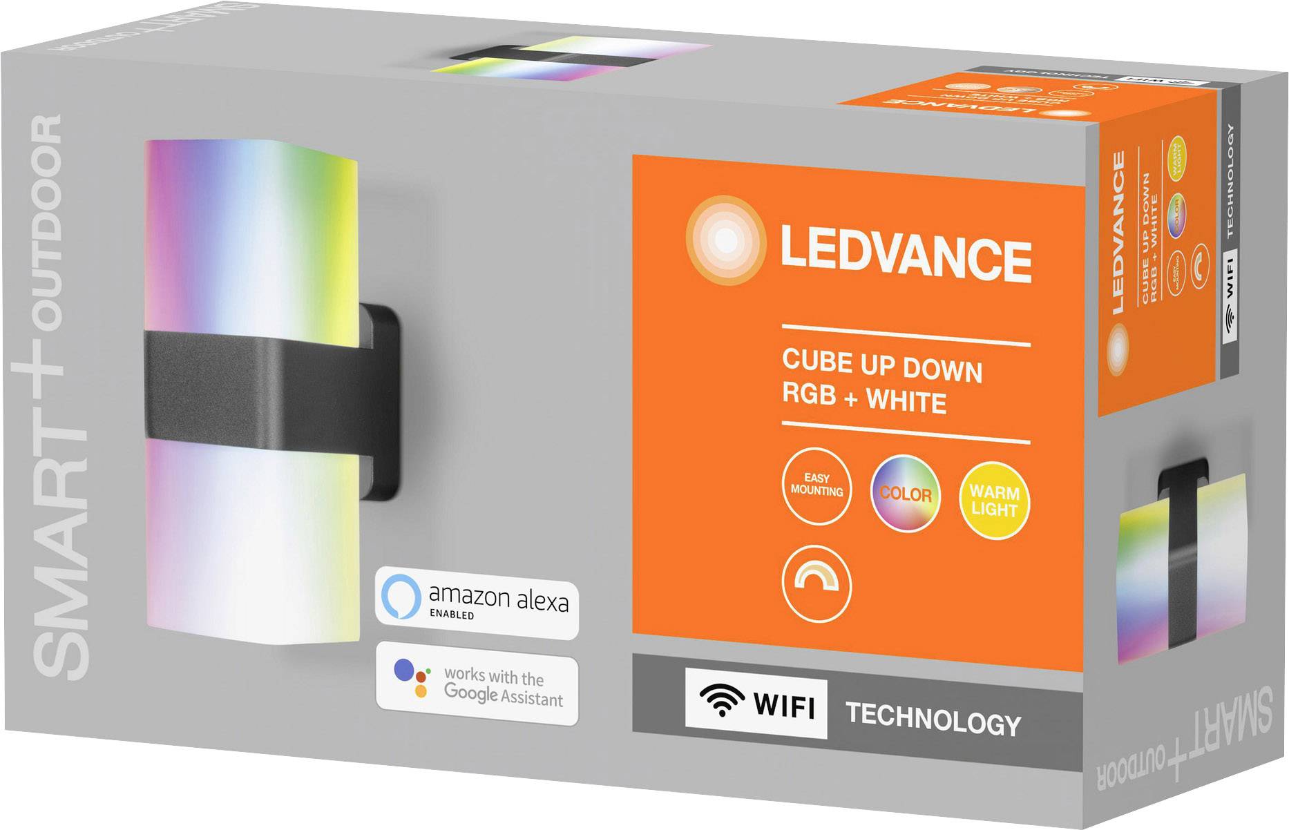 Opakowanie zewnętrznej lampy ściennej LED LEDVANCE SMART+ z opcjami kolorów RGB+Biel, kompatybilnością z Alexa i Google Assistant oraz technologią WiFi.