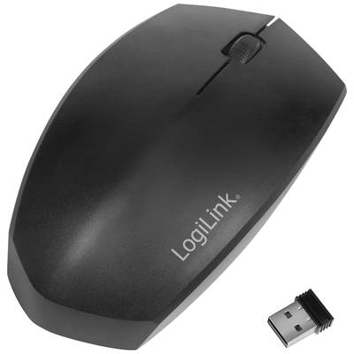 Czarna bezprzewodowa mysz komputerowa z odbiornikiem USB. Marka 'LogiLink'. Mysz posiada rolkę przewijania i jest przeznaczona do użytku na komputerze PC.