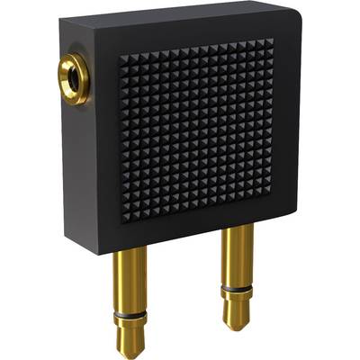 Czarny adapter z teksturowaną powierzchnią i dwoma złoconymi wtyczkami. Stosowany do połączeń elektrycznych lub audiowizualnych.