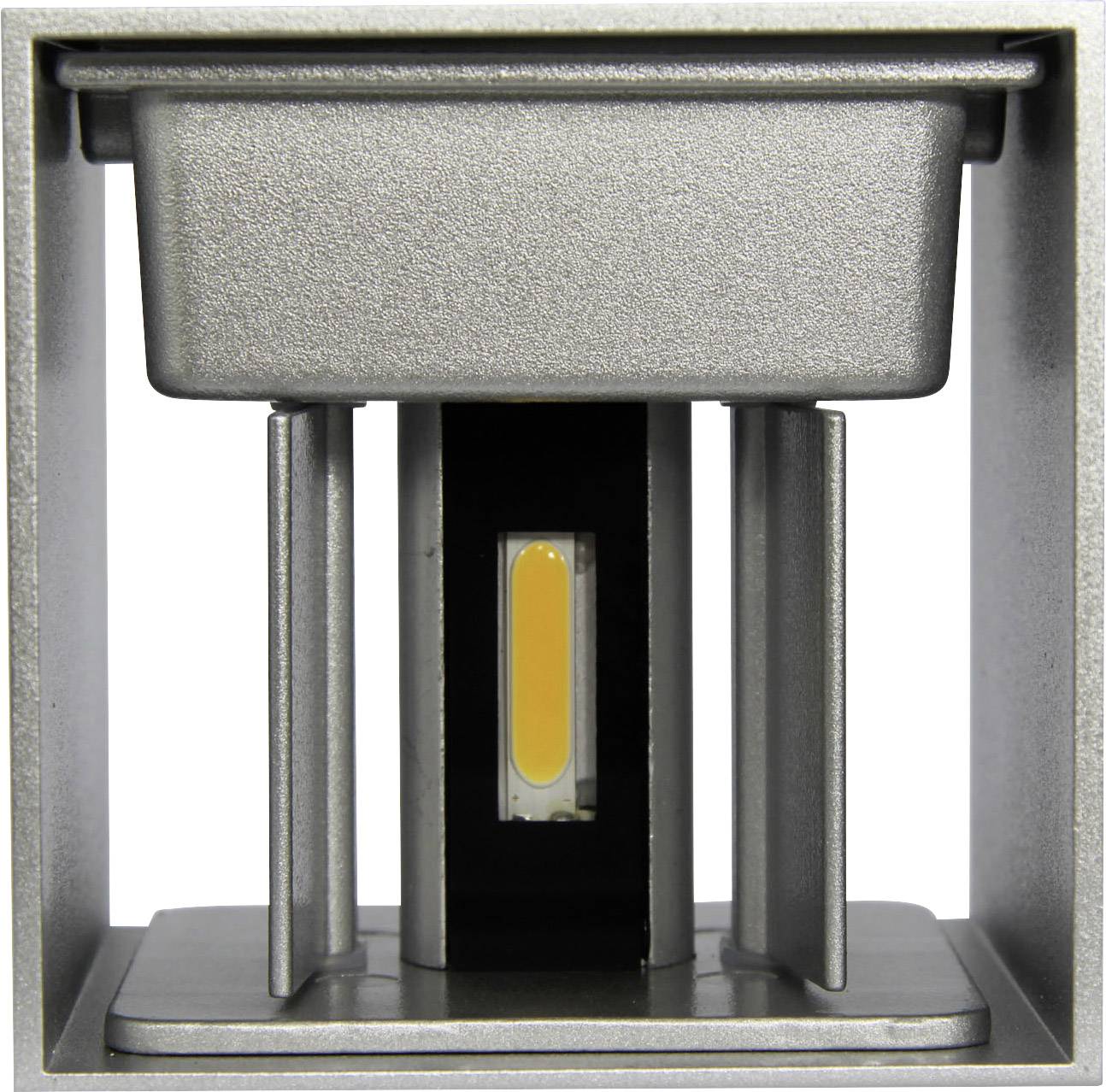 Srebrna, kwadratowa kinkiet LED z żółtym elementem świetlnym pośrodku. Odpowiednia do nowoczesnego oświetlenia przestrzeni zewnętrznych.