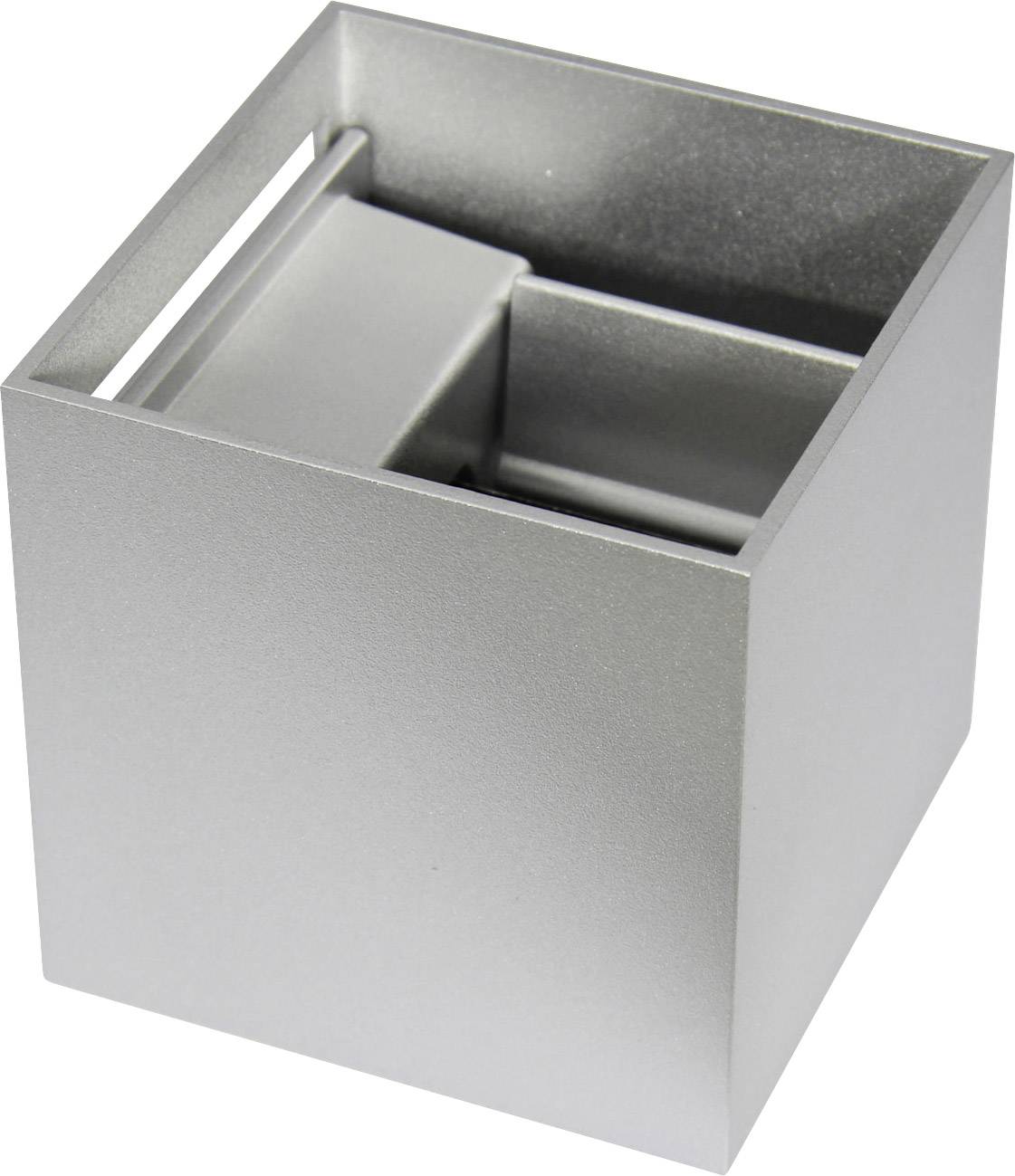 Srebrny, kwadratowy pojemnik metalowy z otwartą pokrywką. Idealny do przechowywania drobnych przedmiotów na biurku.