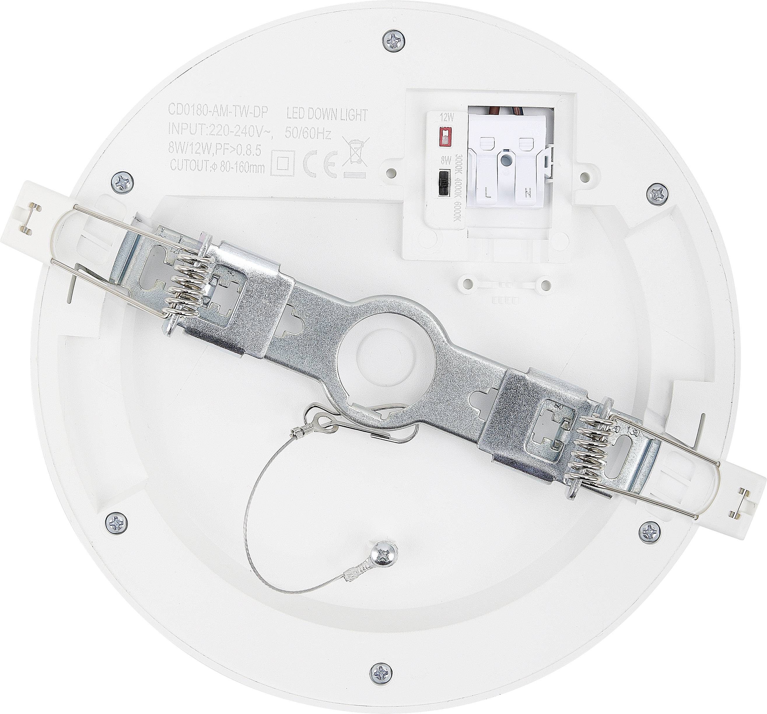 Okrągła oprawa sufitowa LED z metalowymi zaciskami i podłączeniem elektrycznym. Tekst na oprawie: 'LED downlight 8W/12W'.