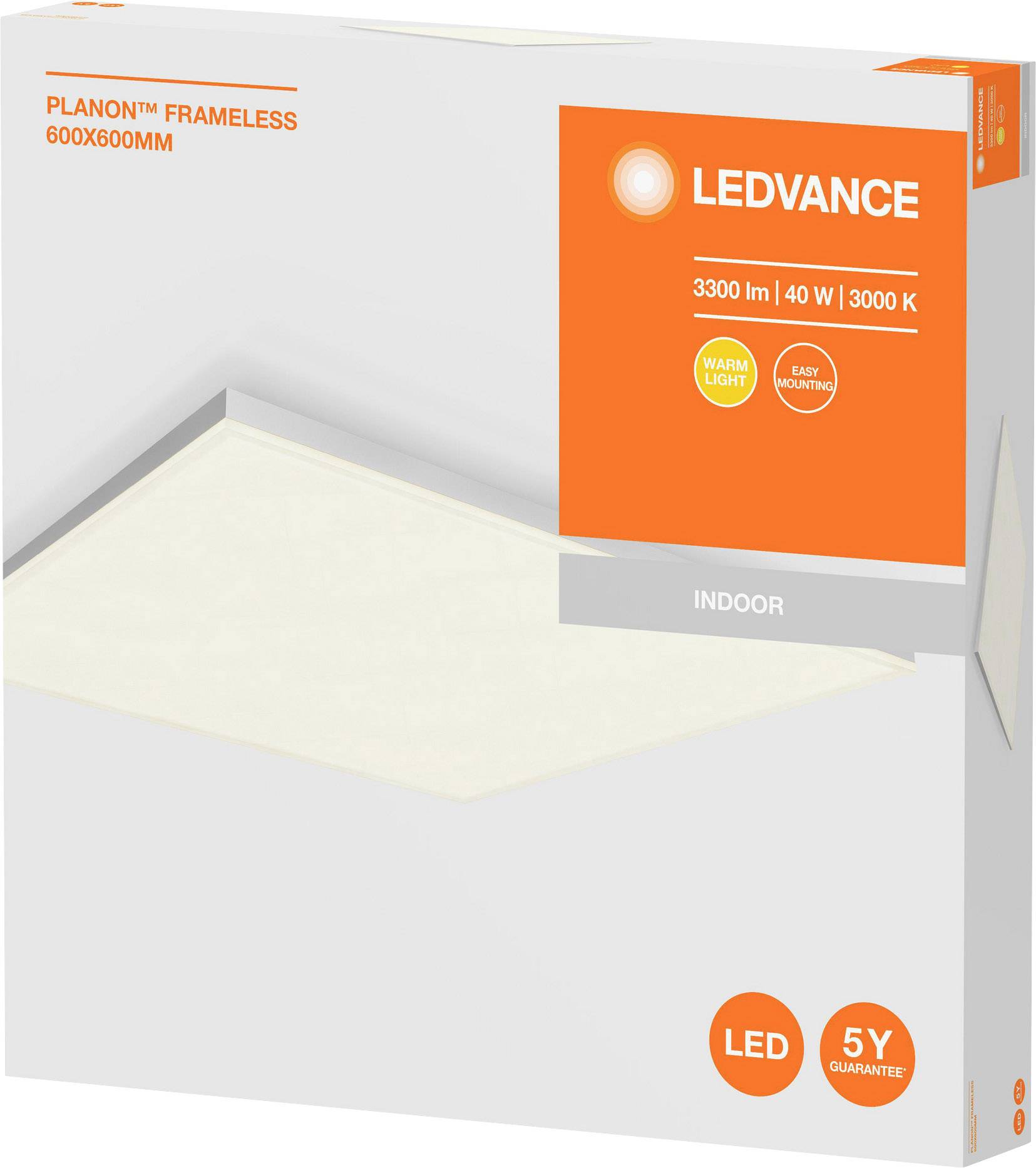 Opakowanie panelu LED 'LEDVANCE PLANON Frameless'. Dane techniczne: 600x600 mm, 3300 lm, 40 W, 3000 K, do wnętrz, 5 lat gwarancji.