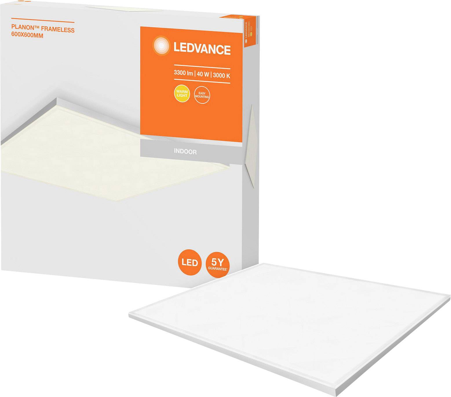 Opakowanie przedstawia panel LED firmy Ledvance, 3300 lumenów, 36W, 3000K, odpowiedni do stosowania we wnętrzach. Zdjęcie produktu obok po prawej stronie.