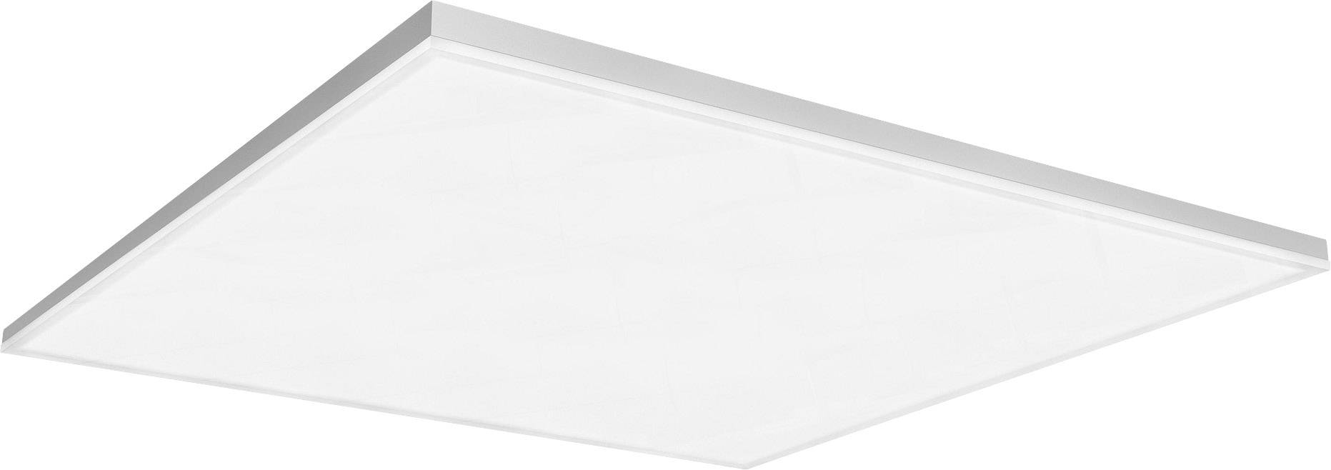 Kwadratowa lampa sufitowa LED z białą ramką i matową powierzchnią, emitująca równomierne światło.