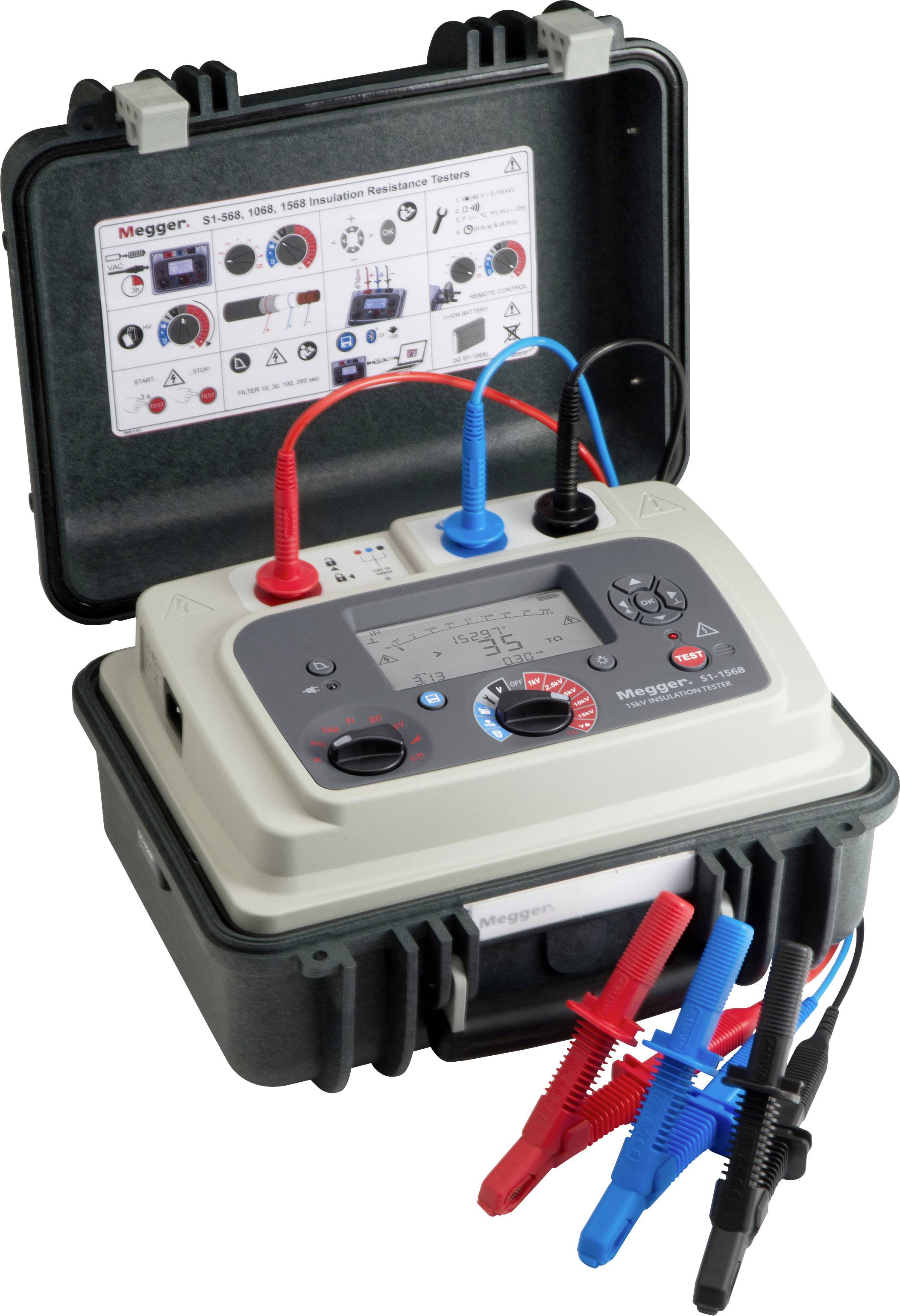 Wielofunkcyjne urządzenie pomiarowe w otwartej walizce z kolorowymi przewodami i krokodylkowymi zaciskami; instrukcja na wewnętrznej stronie pokrywy walizki.