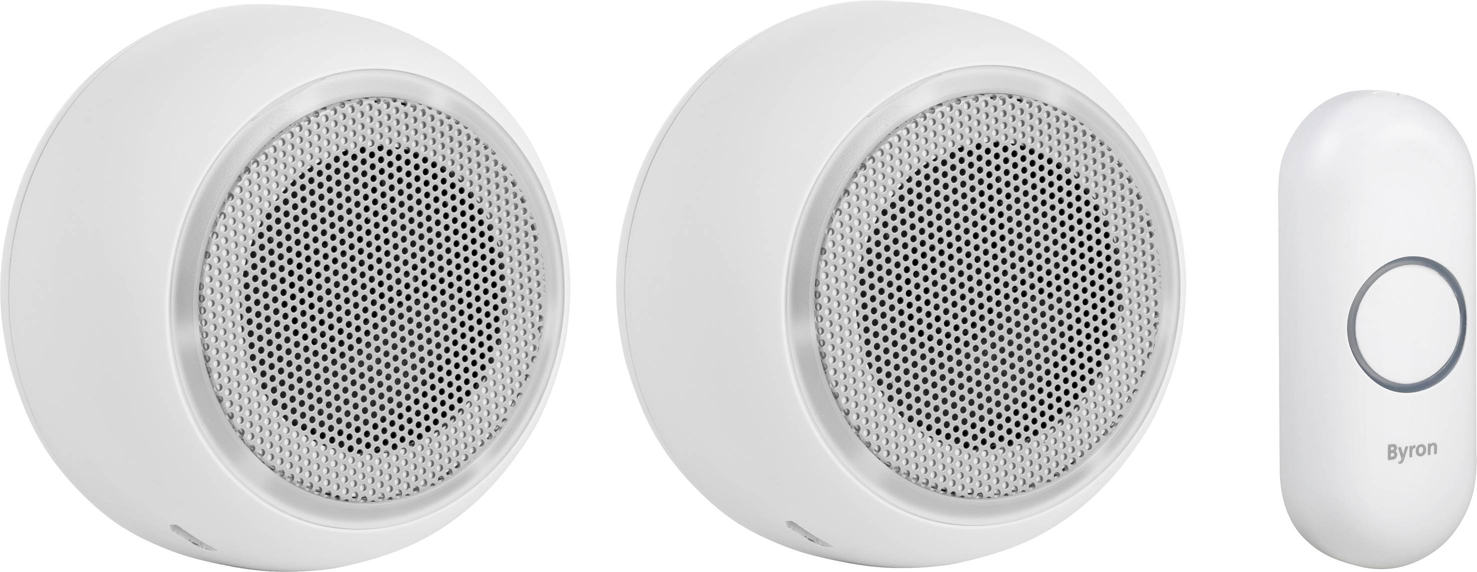 Dwa białe, okrągłe przenośne głośniki obok bezprzewodowego przycisku dzwonka, przedstawiające nowoczesną technologię do użytku wewnętrznego.