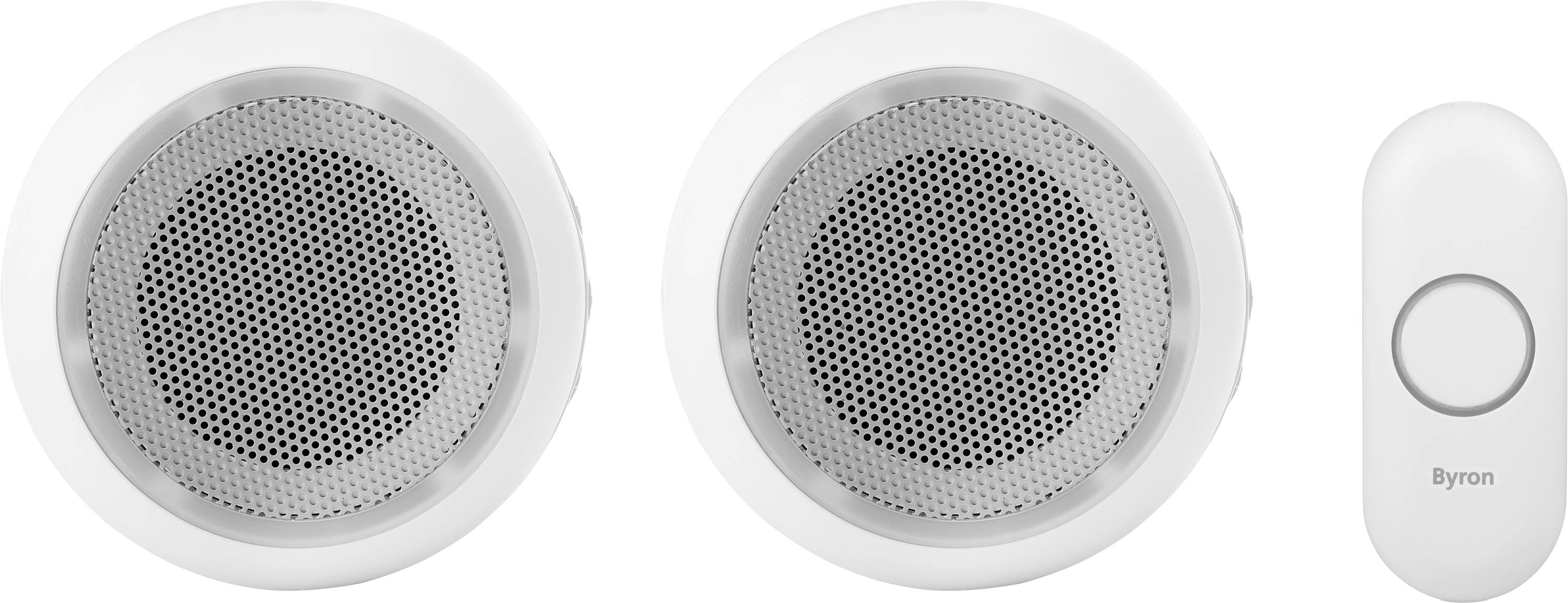 Dwa okrągłe głośniki i dzwonek do drzwi z napisem 'Byron', utrzymane w kolorach białym i szarym, prezentują nowoczesny design.