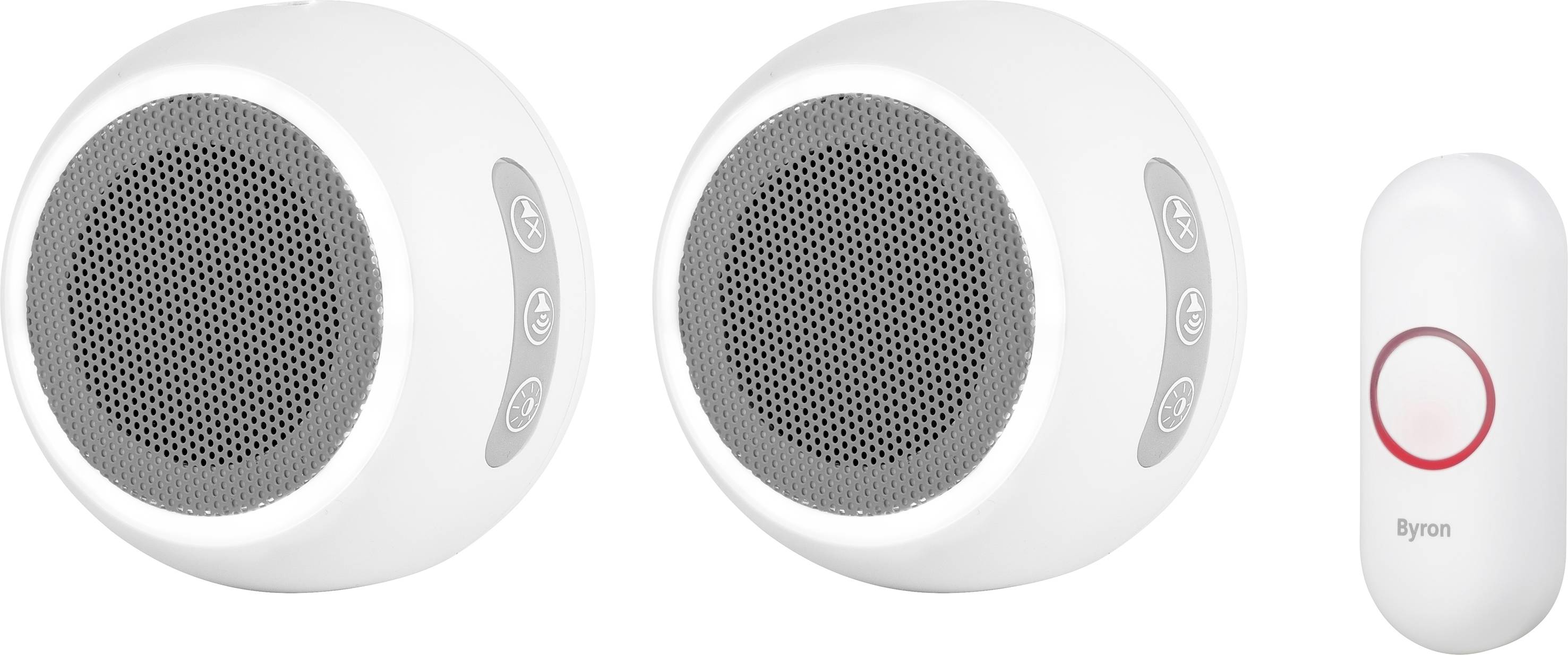 Dwa białe, okrągłe głośniki z szarą metalową siatką i przyciskami sterującymi, obok których znajduje się pasujący bezprzewodowy dzwonek do drzwi z czerwonym przyciskiem.