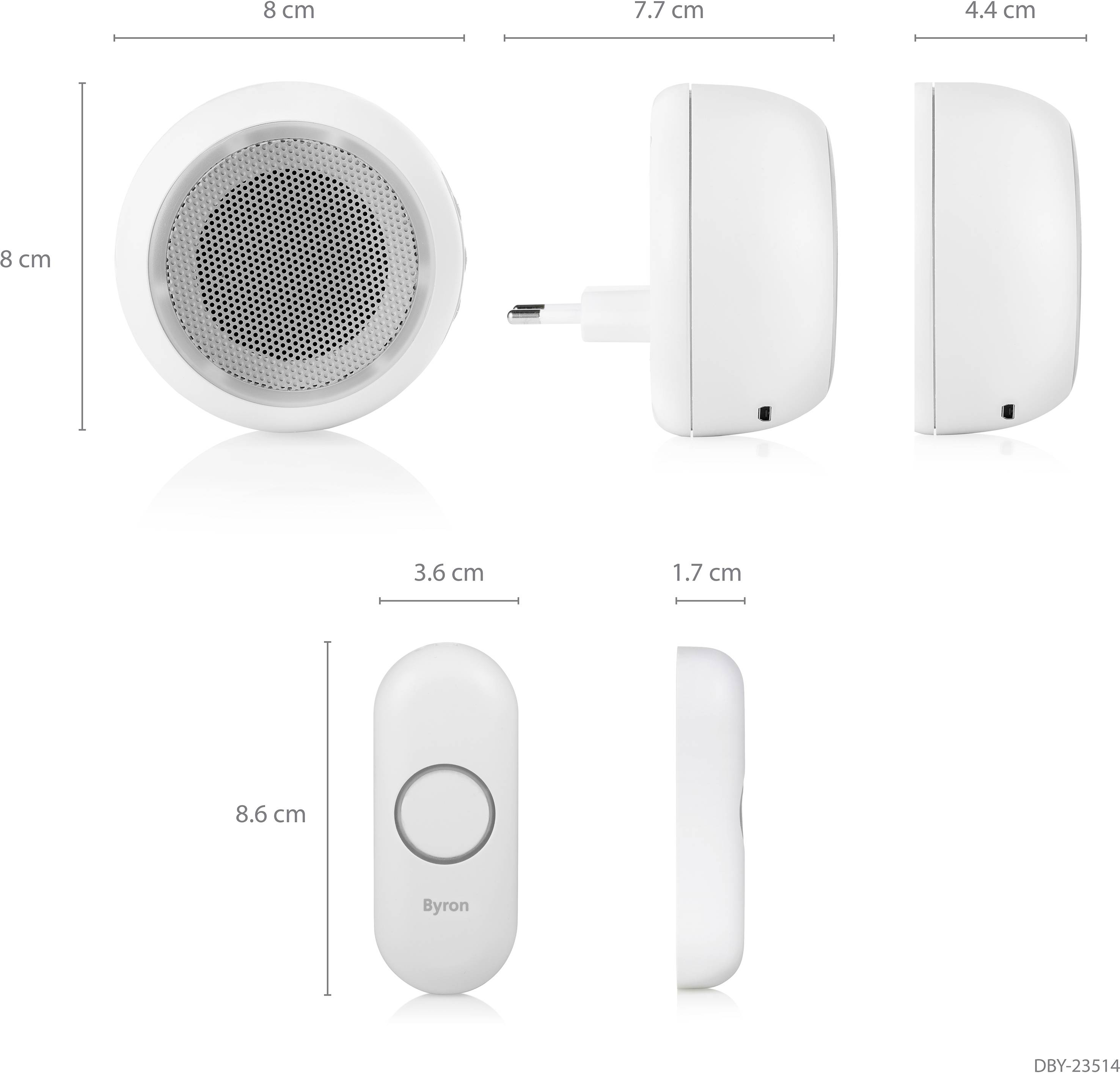 Bezprzewodowy dzwonek do drzwi z okrągłym dzwonkiem i prostokątnym przyciskiem. Wymiary przedstawione w centymetrach: dzwonek 8 x 8 cm, przycisk 8,6 x 3,6 cm.