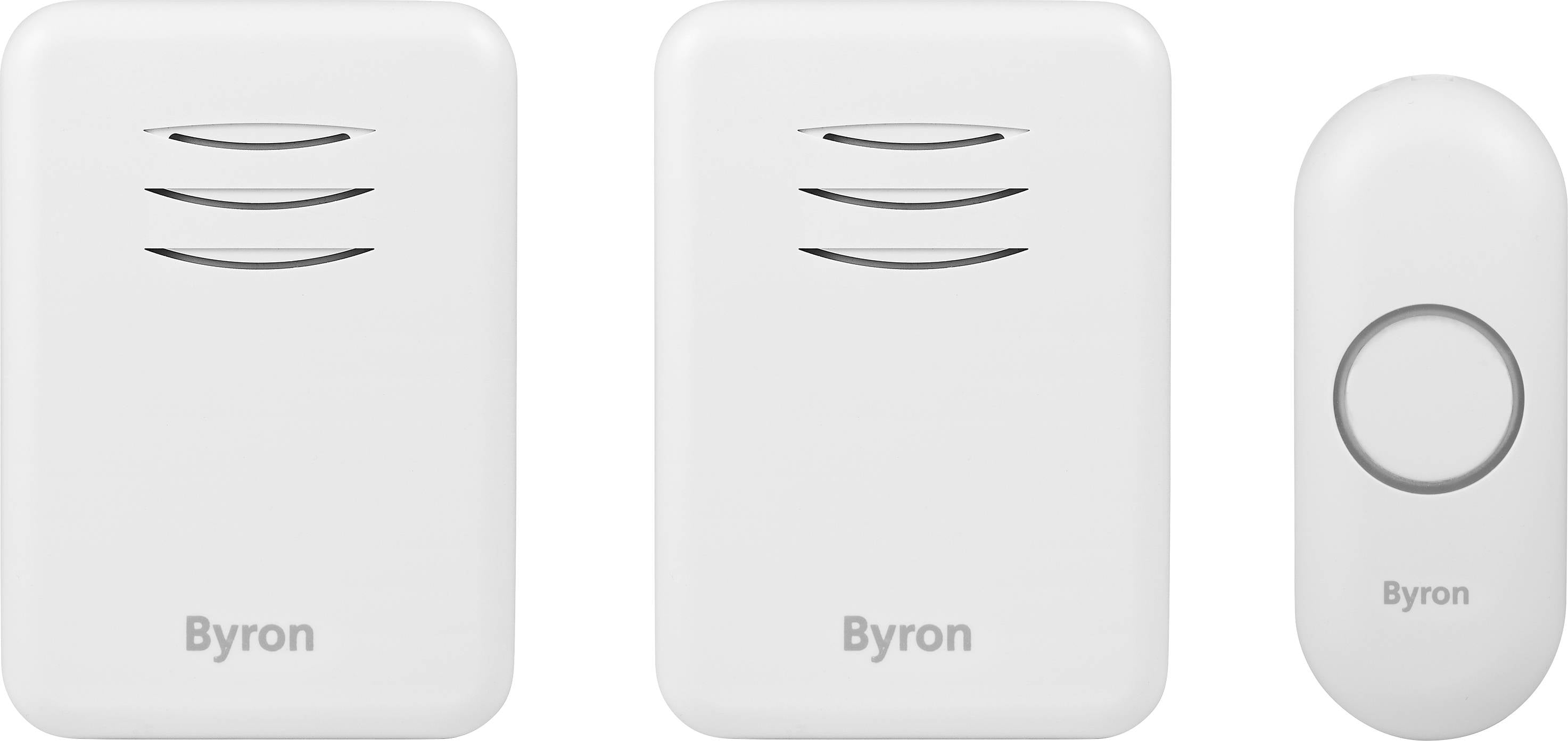 Dwa białe bezprzewodowe dzwonki do drzwi i przycisk dzwonka z napisem 'Byron'.