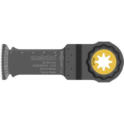 'Brzeszczot do drewna i metalu, 32x60 mm, zakrzywiony, marka Metabo, Swiss Made. Do systemów STARLOCK PLUS, czarny z żółtym pierścieniem.'