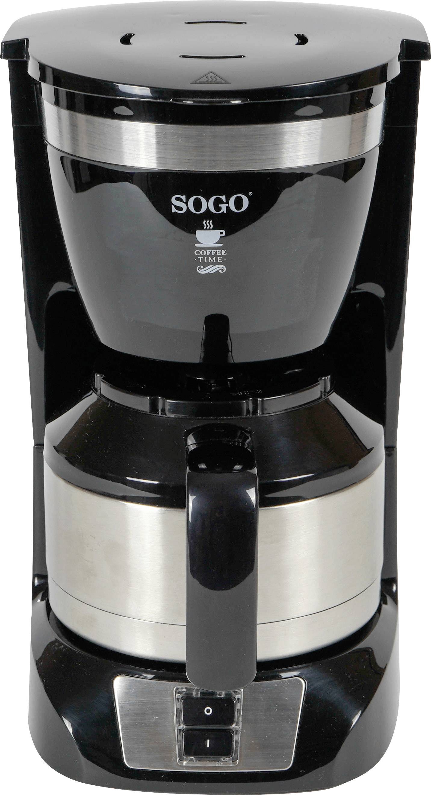 Czarna ekspres do kawy z akcentami ze stali nierdzewnej i szklanym dzbankiem, z widocznym włącznikiem/wyłącznikiem u podstawy urządzenia.