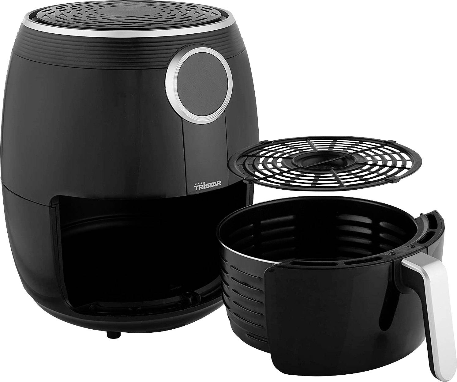 Czarny airfryer z wyjmowanym koszyczkiem, prezentowany na białym tle.