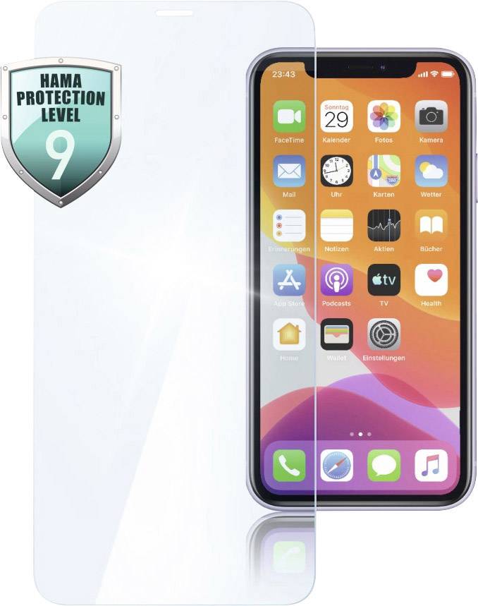 Smartfon z nałożoną folią ochronną, w lewym górnym rogu naklejka z napisem 'Hama Protection Level 9', wskazująca stopień ochrony.
