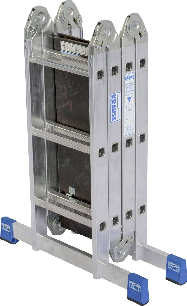 Złożona, srebrna aluminiowa drabina ze stabilnymi, niebieskimi stopkami, wyglądająca na solidną i przenośną, na białym tle.