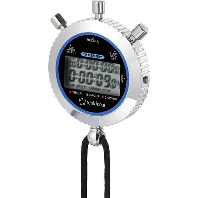 Elektroniczny stoper z dużym wyświetlaczem, pokazujący '00:00.00'. Trzy przyciski na górze, nazwa marki 'renkforce' poniżej. Czarno-niebieski design.