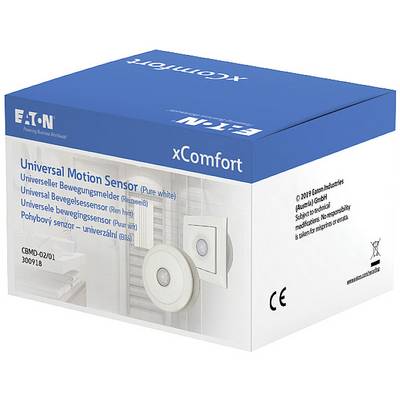 Opakowanie uniwersalnego czujnika ruchu marki xComfort firmy Eaton, przedstawiające zdjęcie produktu oraz wielojęzyczne oznaczenie.