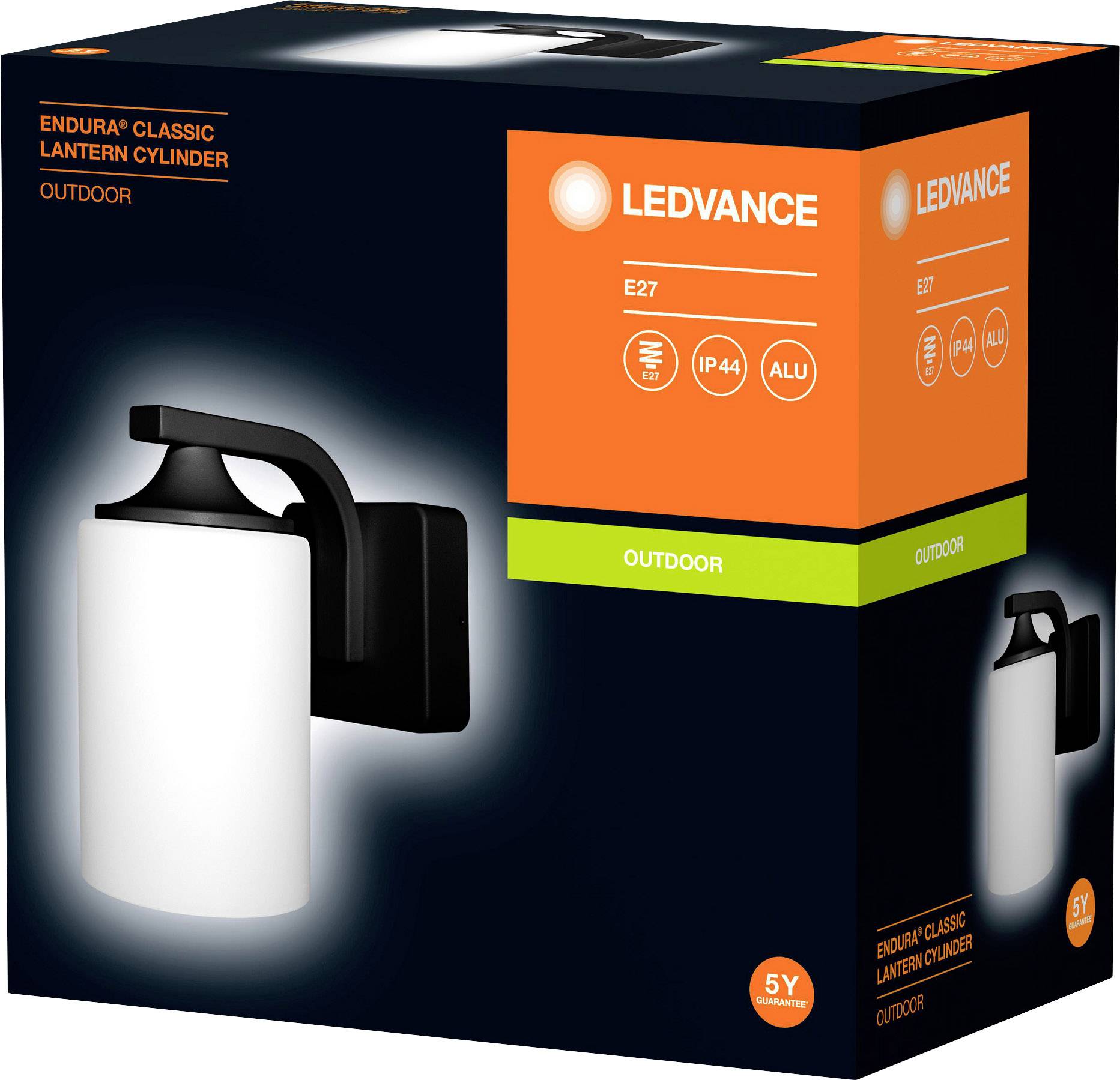 Czarna lampa ścienna LED z cylindrycznym dyfuzorem przedstawiona na opakowaniu produktu. Nazwa: 'ENDURA CLASSIC LANTERN CYLINDER'.