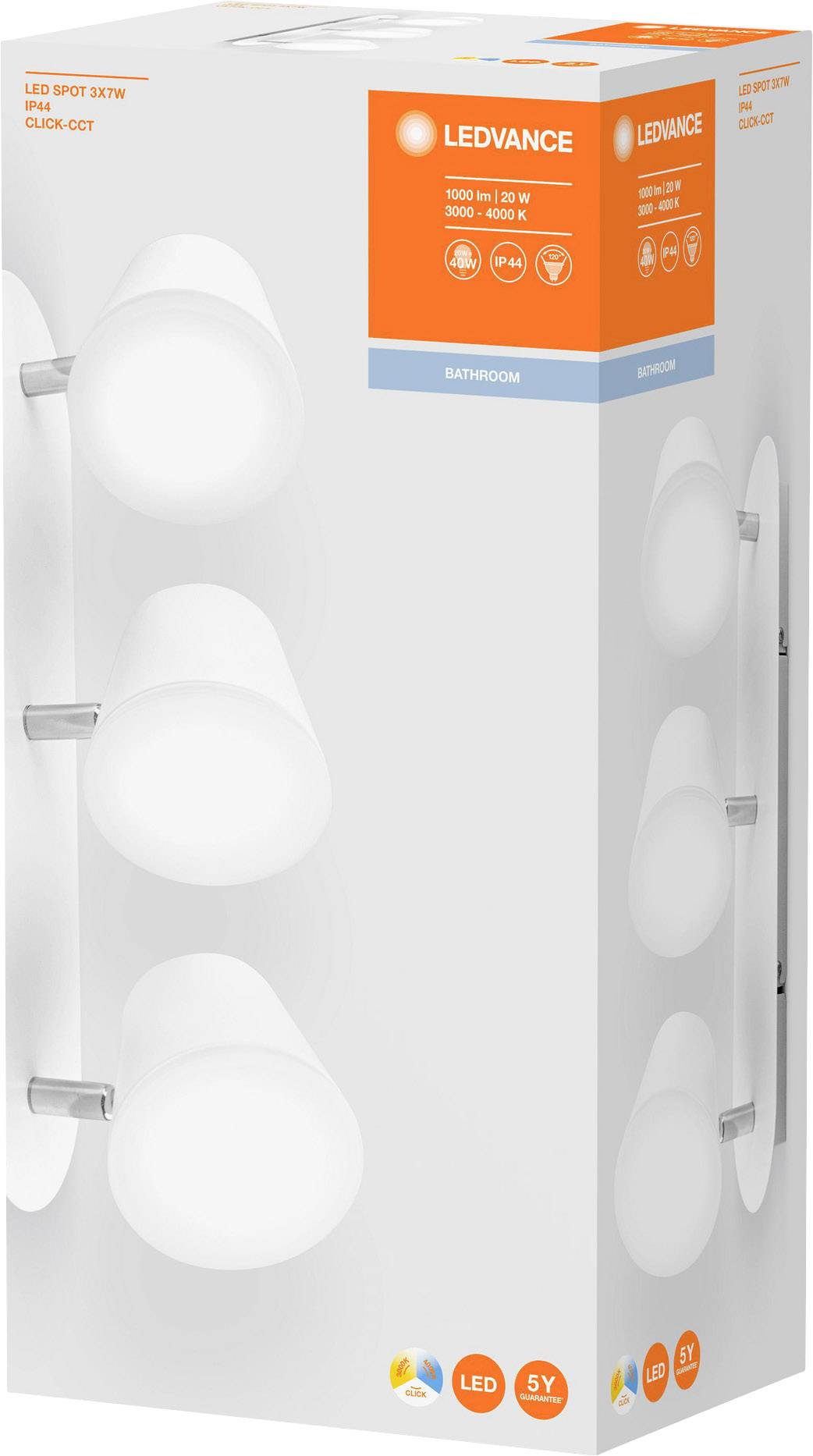 Opakowanie z trzema kinkietami LED. Tekst: 'LEDVANCE'. Odpowiednie do łazienki. Napięcie: 220-240 V, 3000-4000 K.