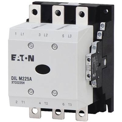 Elektryczny kontaktor firmy Eaton, model DIL M225A, przedstawia zaciski i oznaczenia L1, L2, L3 dla faz oraz T1, T2, T3 dla wyjść.