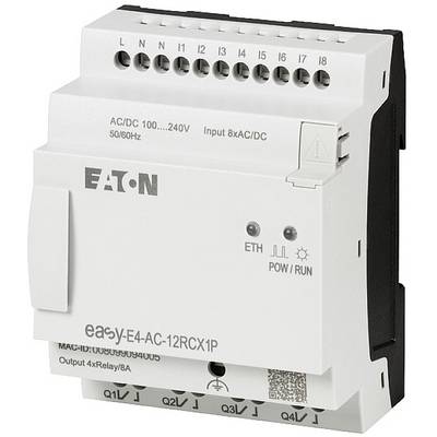Elektryczne urządzenie sterujące z napisem 'Eaton' i numerem modelu 'easyE4-AC-12RCX1P', prezentujące złącza wejściowe i wyjściowe.