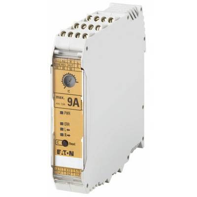 Elektryczne przekaźniki z pomarańczową płytą czołową, przyciskami i diodami LED do wskazywania stanu i błędów. Marka: Eaton, Model: 9A.