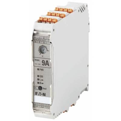 Elektroniczne urządzenie z napisami 'maks. 9A' i 'EATON'. Posiada pomarańczowe zaciski przyłączeniowe na górze oraz różne wskaźniki statusu.