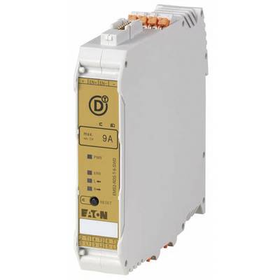 Urządzenie elektryczne firmy Eaton z napisem '9A'. Posiada szare obudowa, pomarańczowe złącza i służy do sterowania prądem.