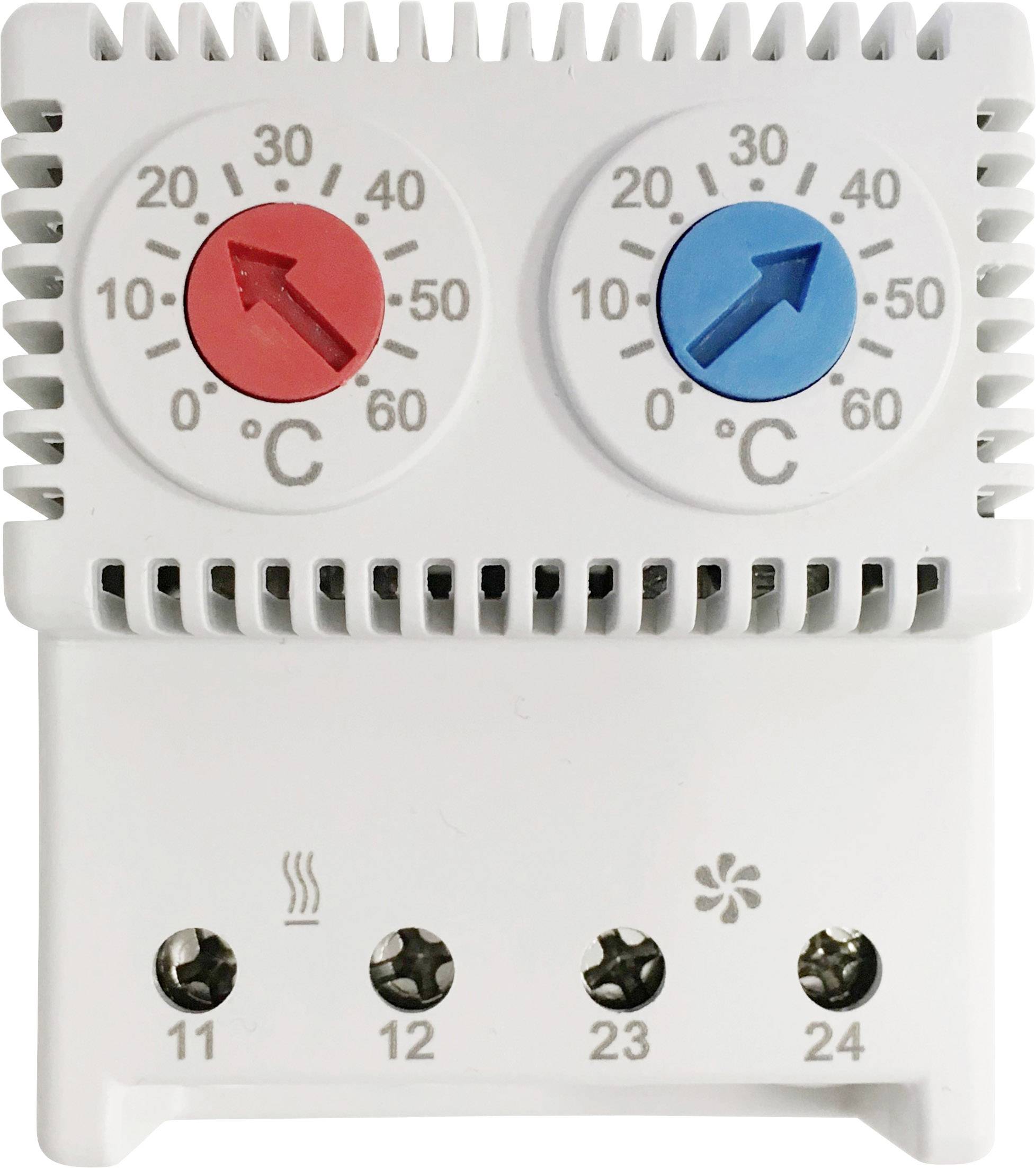 Dwa pokrętła na termostacie. Lewe pokrętło w kolorze czerwonym do ogrzewania, prawe pokrętło w kolorze niebieskim do chłodzenia, skala w stopniach Celsjusza.