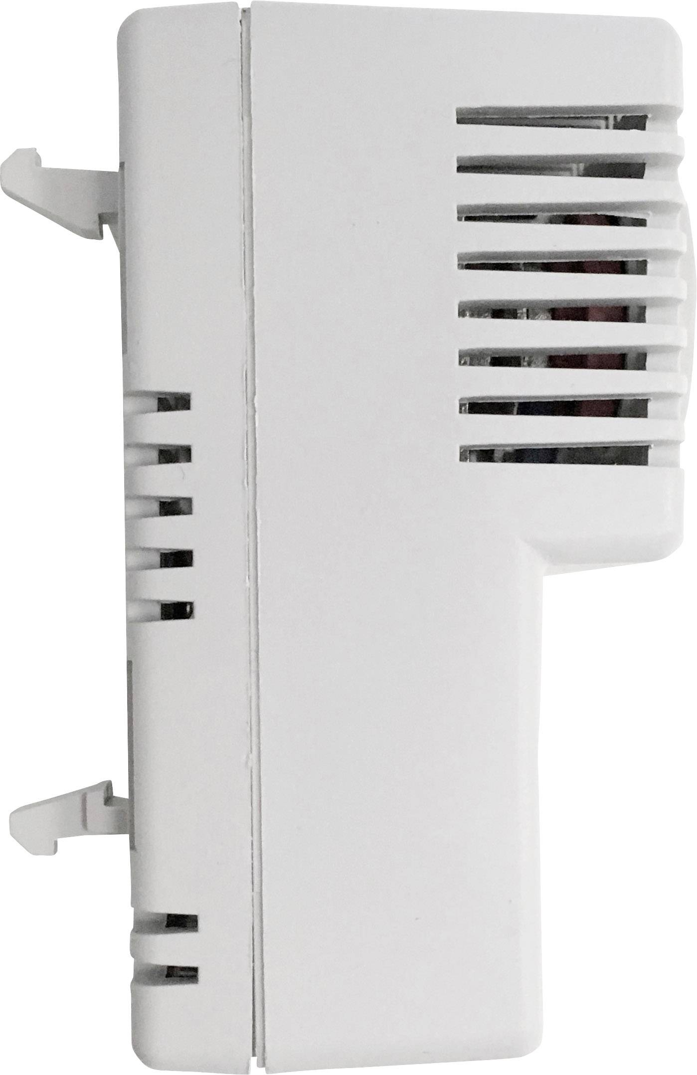 Białe urządzenie elektroniczne z otworami wentylacyjnymi po bokach i dwoma haczykami mocującymi.
