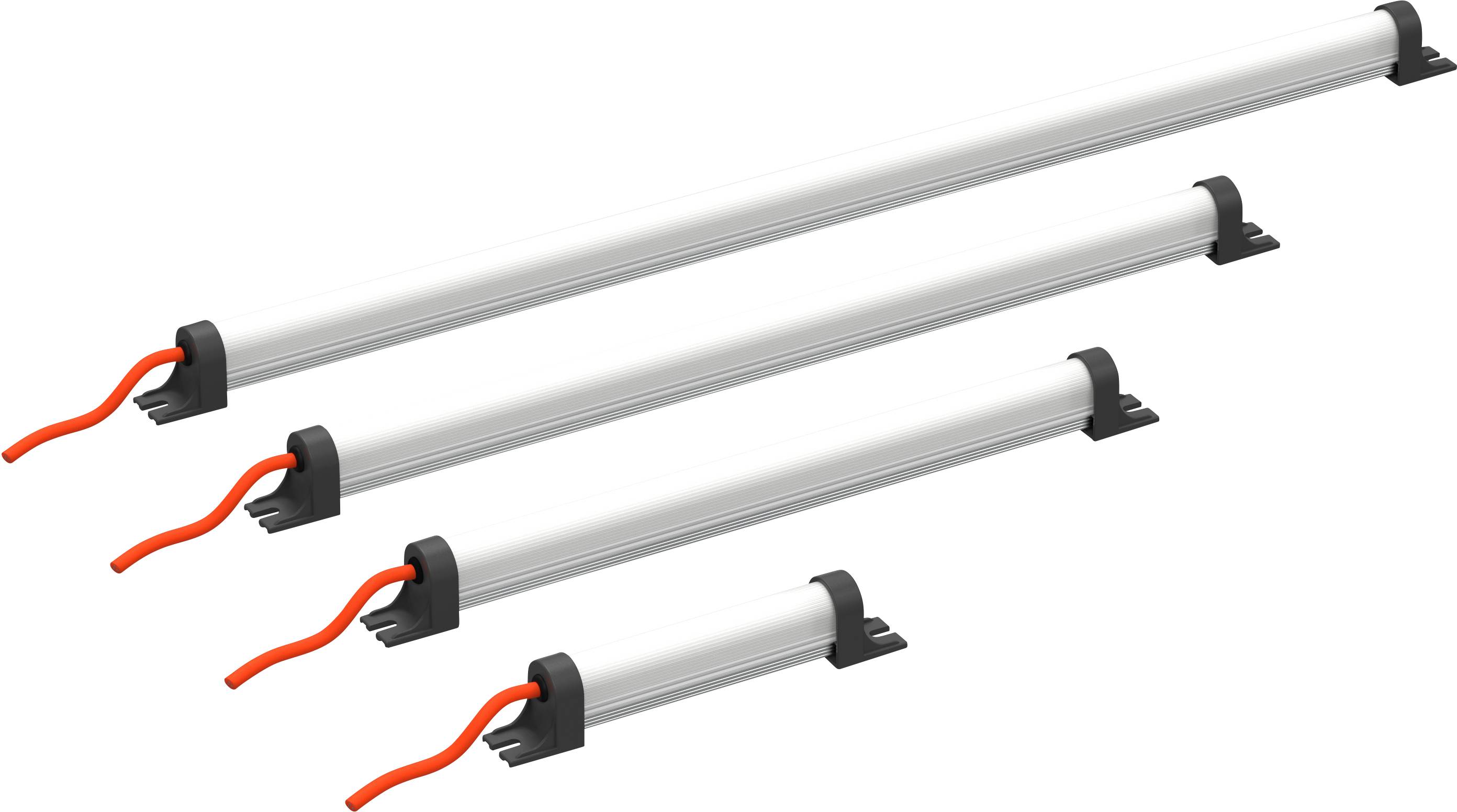 Cztery białe listwy świetlne LED o różnych długościach, z czarnymi zaślepkami i czerwonymi przewodami, ułożone obok siebie.