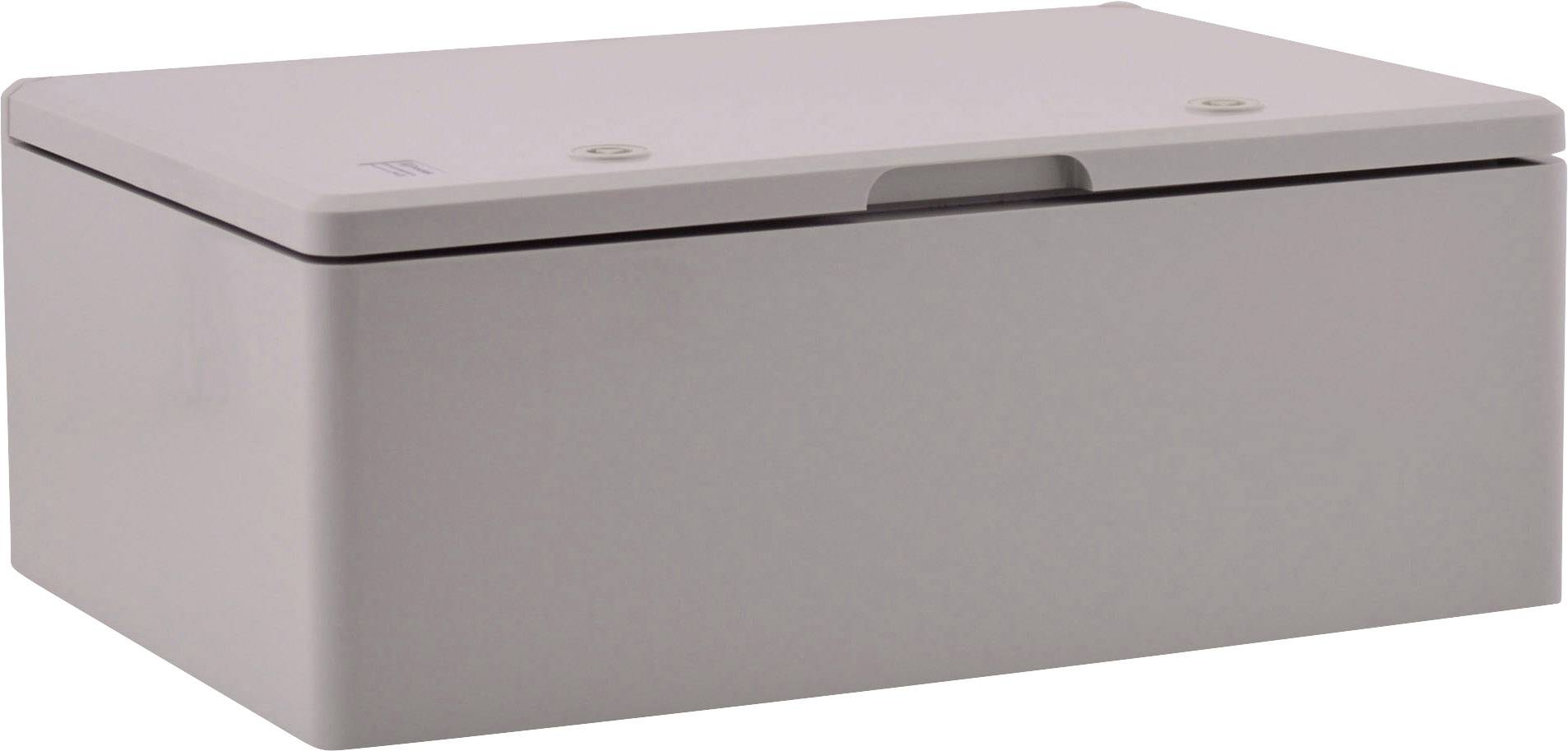 Biała, prostokątna pudełko z gładką pokrywką, lekko uchylone.