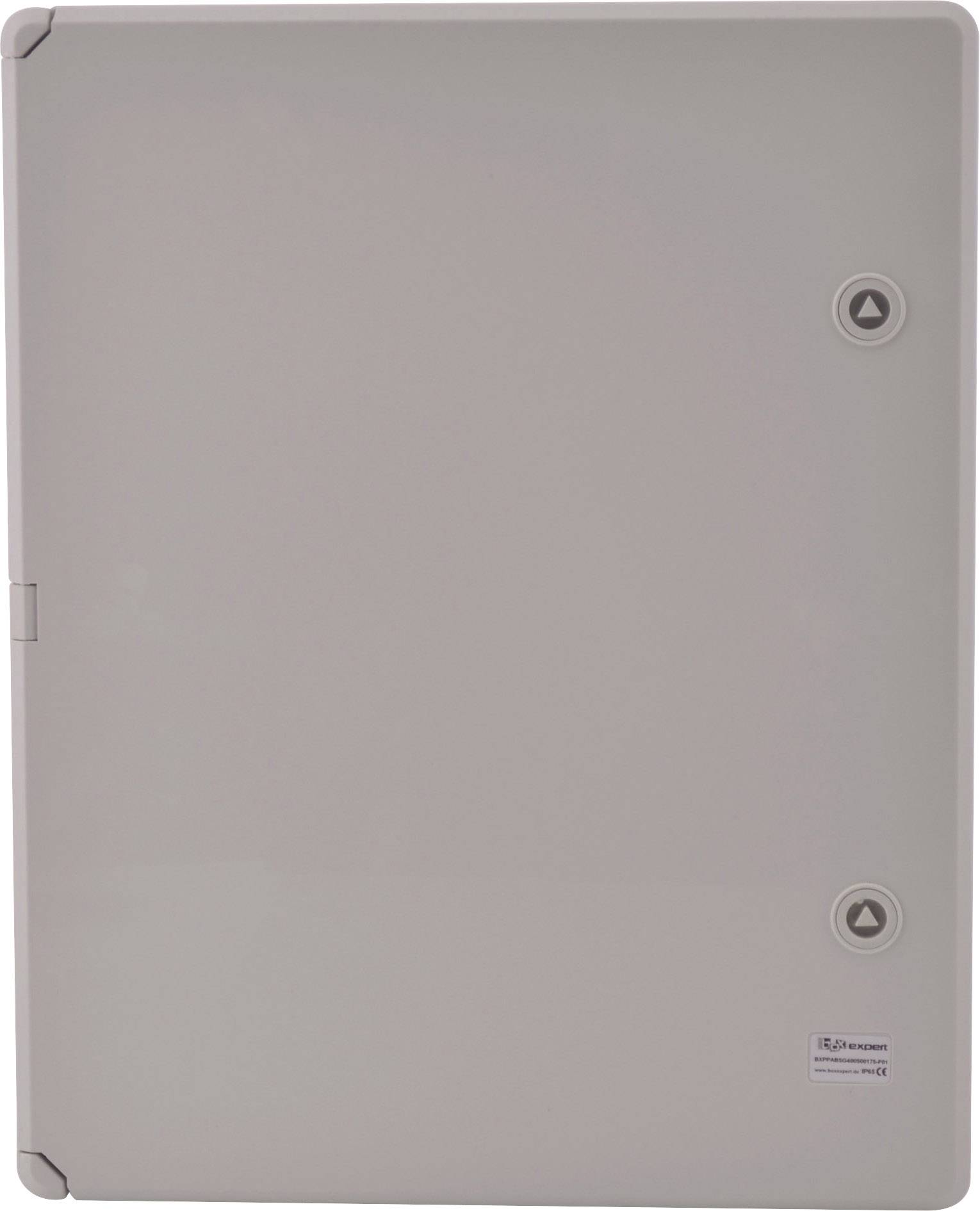 Szary plastikowy pojemnik z dwoma okrągłymi przyciskami. Bez widocznych oznaczeń lub napisów.