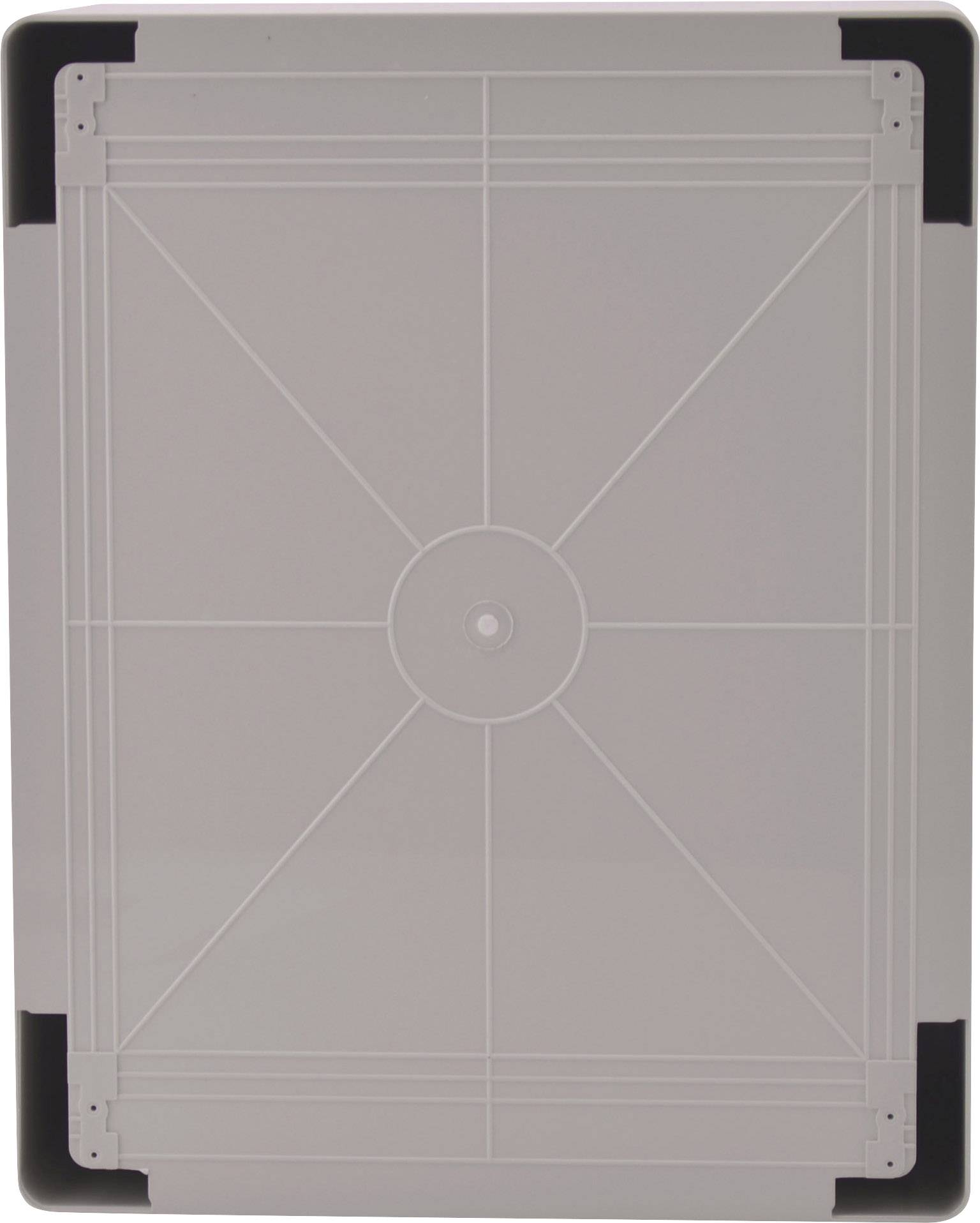 Szare tworzywo sztuczne z podwyższoną krawędzią i wzmocnionymi narożnikami. Odpowiednie do transportu lub przechowywania przedmiotów.