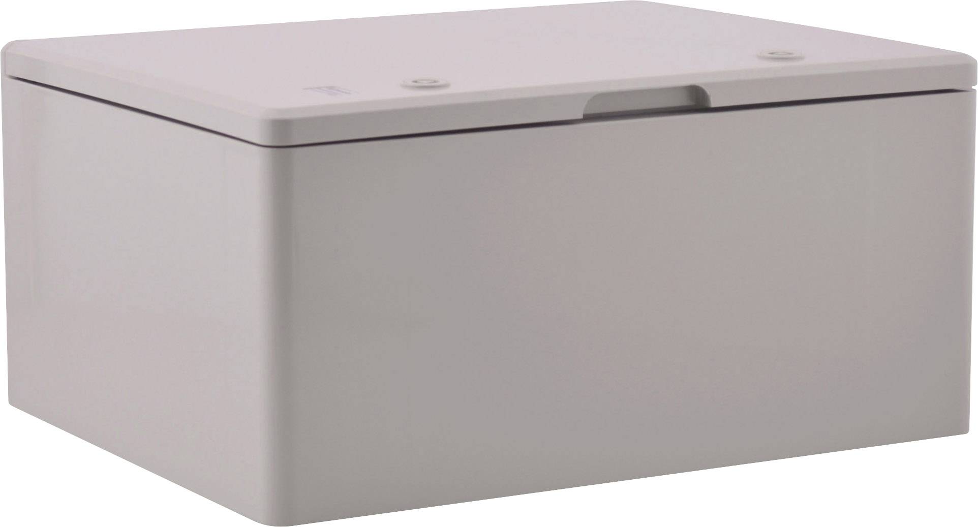 Szara prostokątna skrzynka z zdejmowaną pokrywką, umieszczona na jasnej powierzchni.