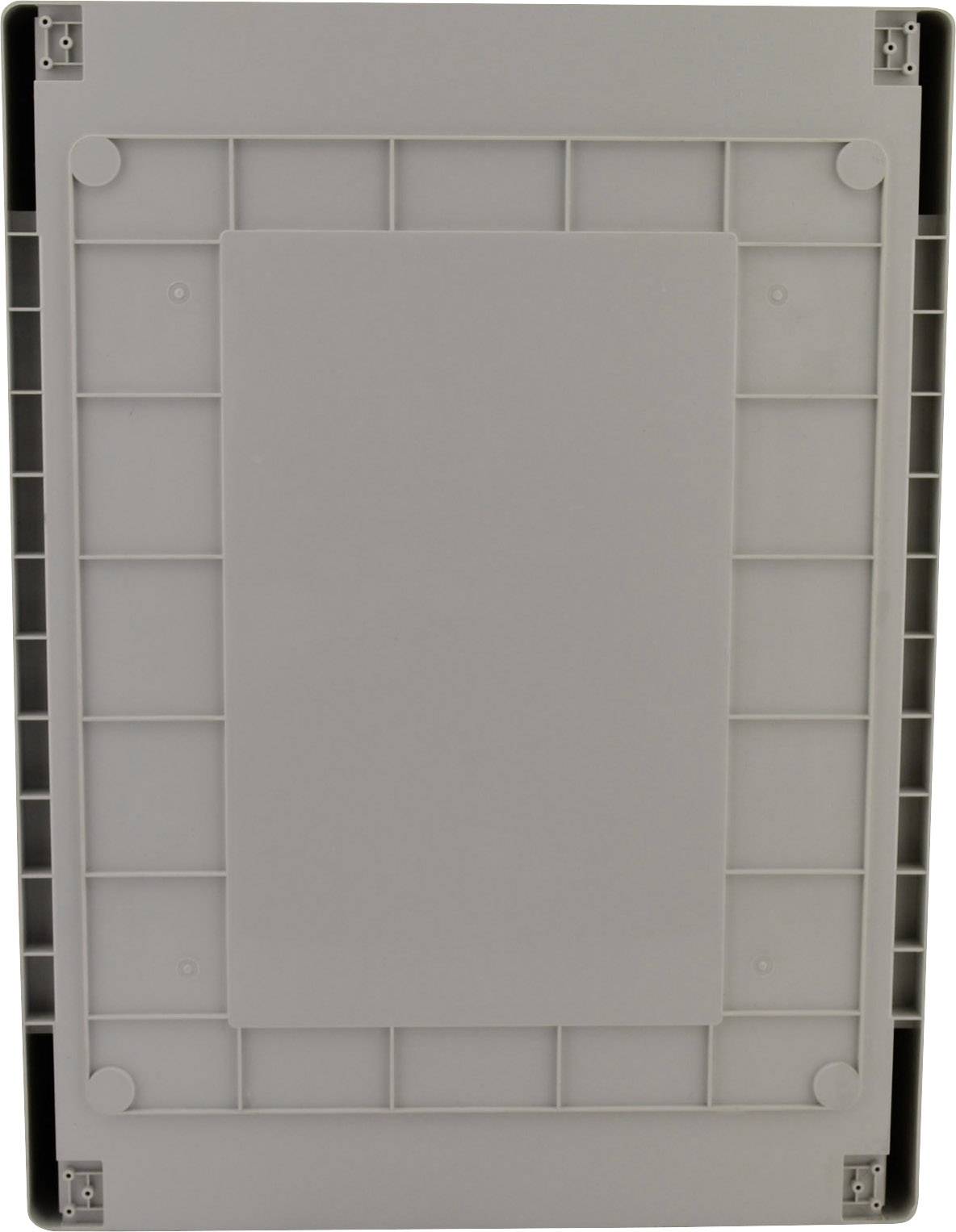 Szara osłona z tworzywa sztucznego z prostokątnymi wzorami i otworami na śruby w narożnikach.